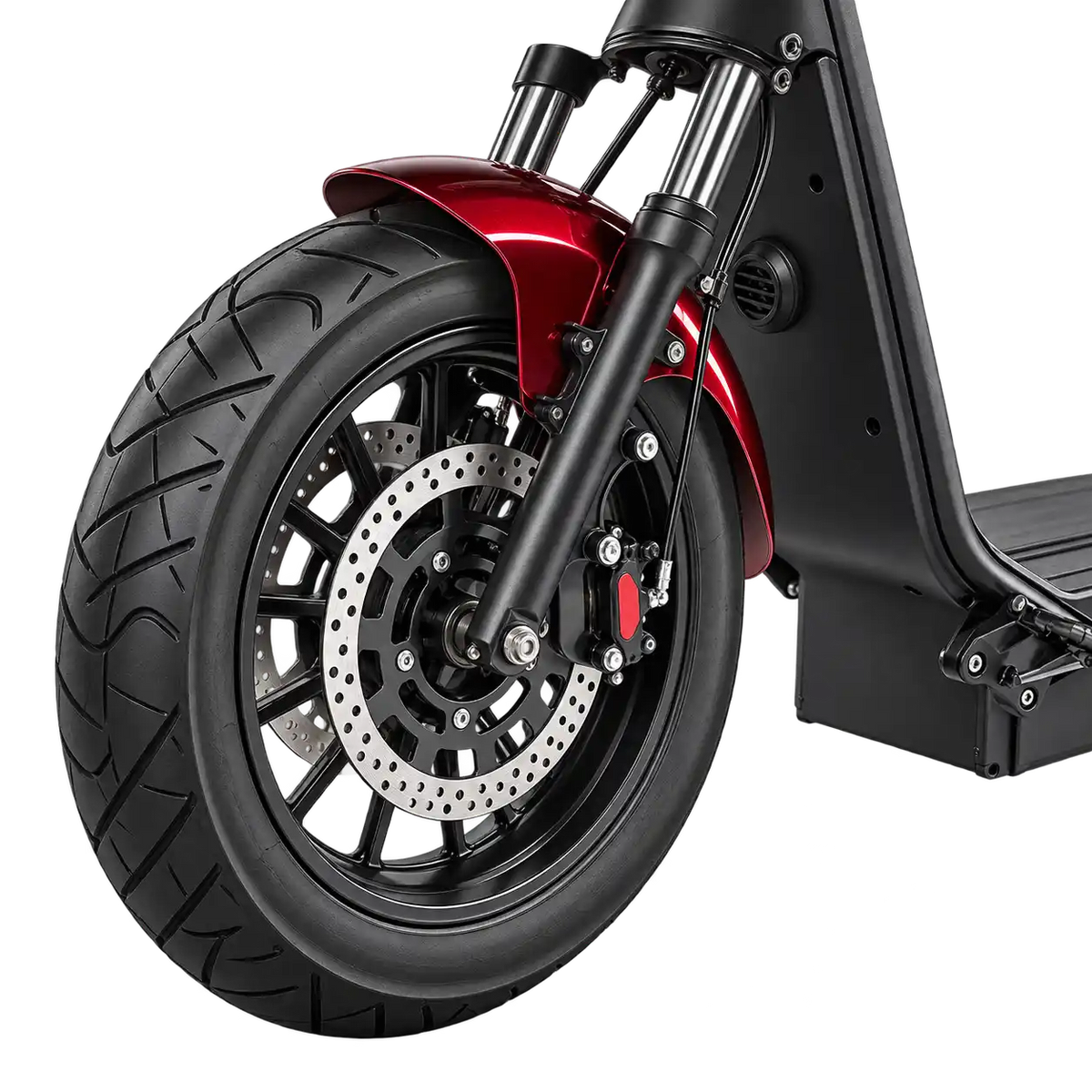Vorderrad des E-Chopper 6.0 Premium mit Scheibenbremse und Federgabel